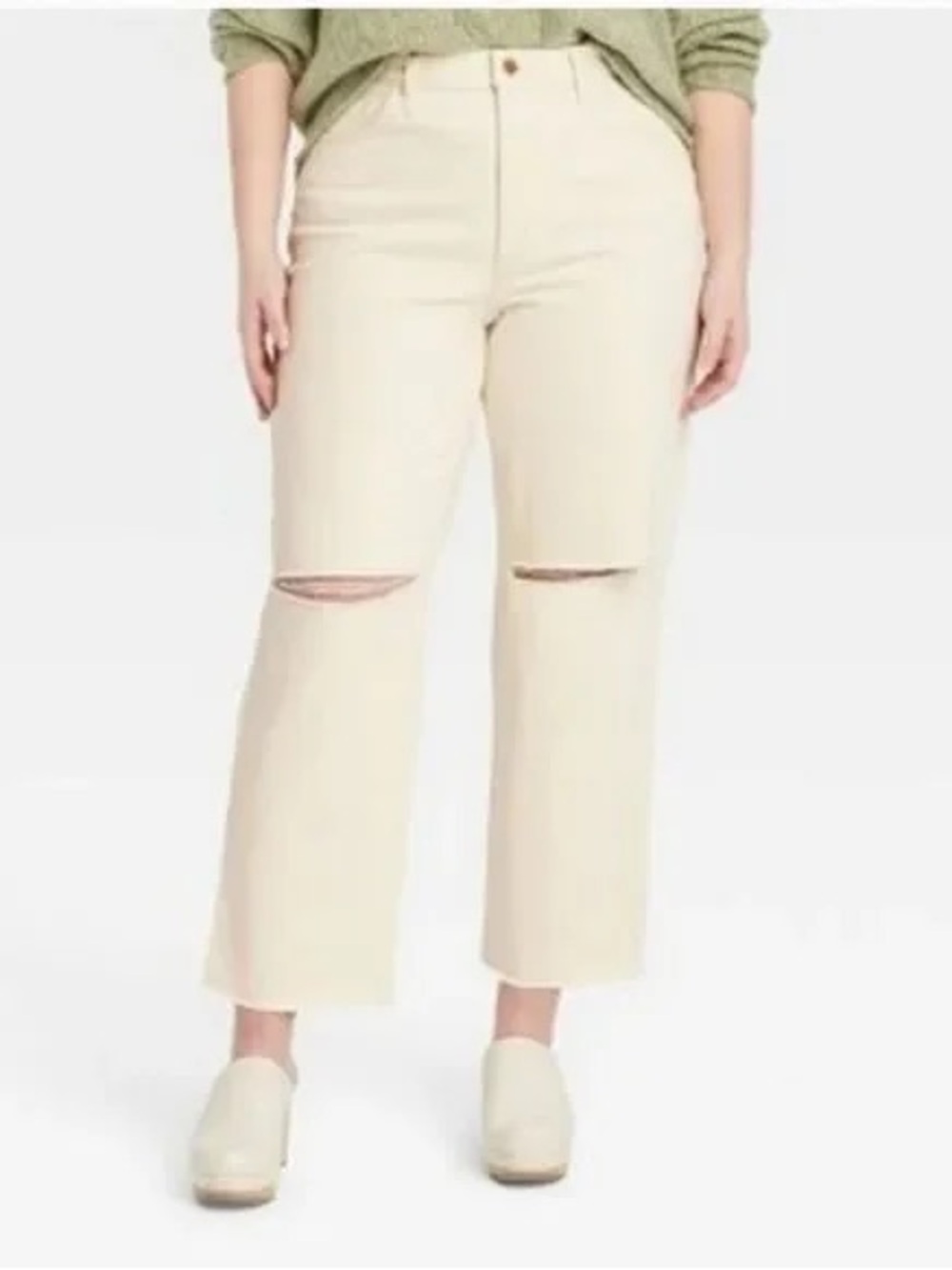 High-Rise Wide Leg Knee-Slit Jeans - Cream